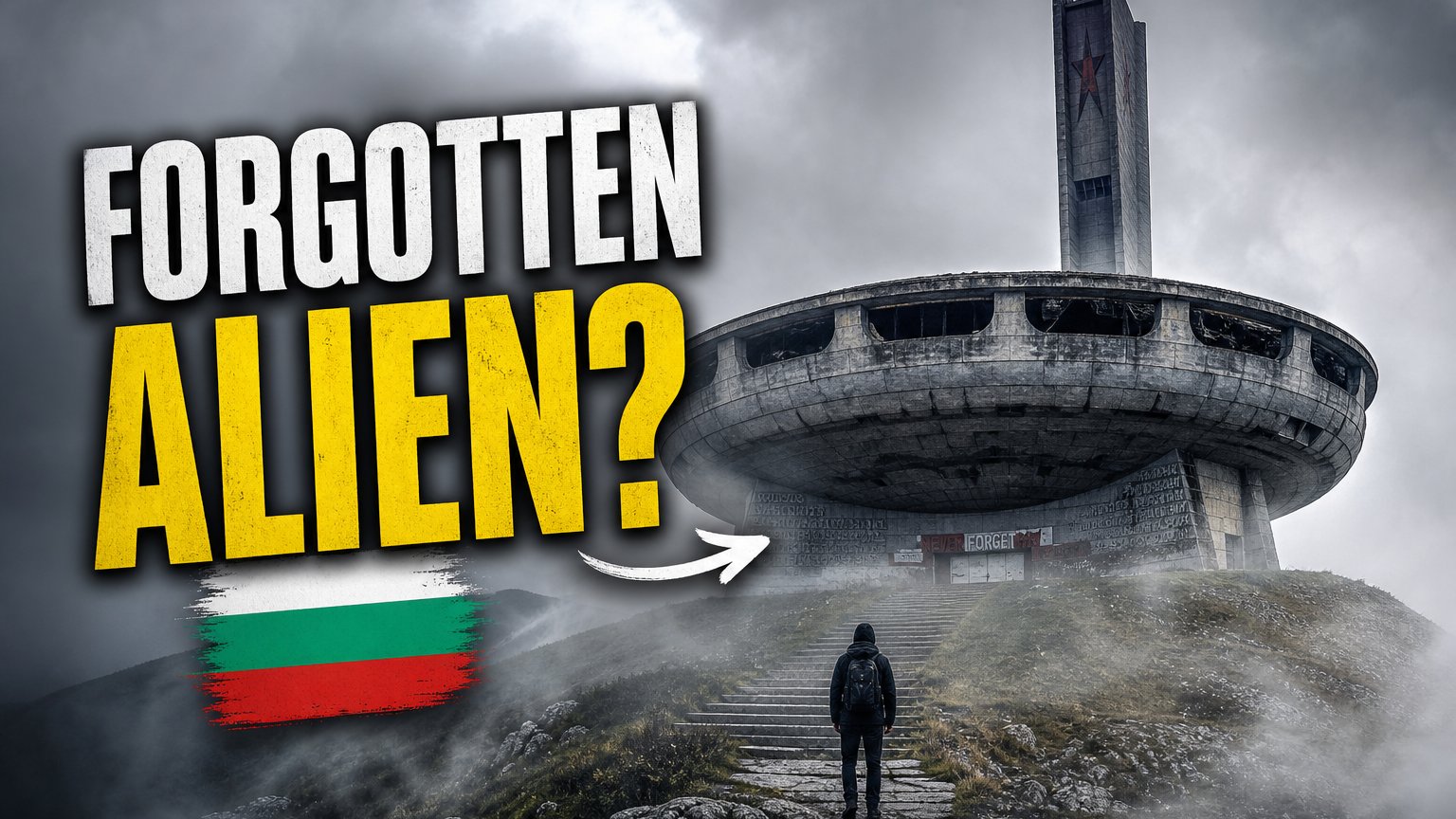 Example travel thumbnail: a spaceship-shaped monument on a misty mountain